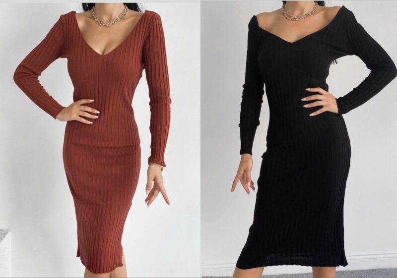 Rochie midi tricotată cu decolteu in anchior și mânecă lungă