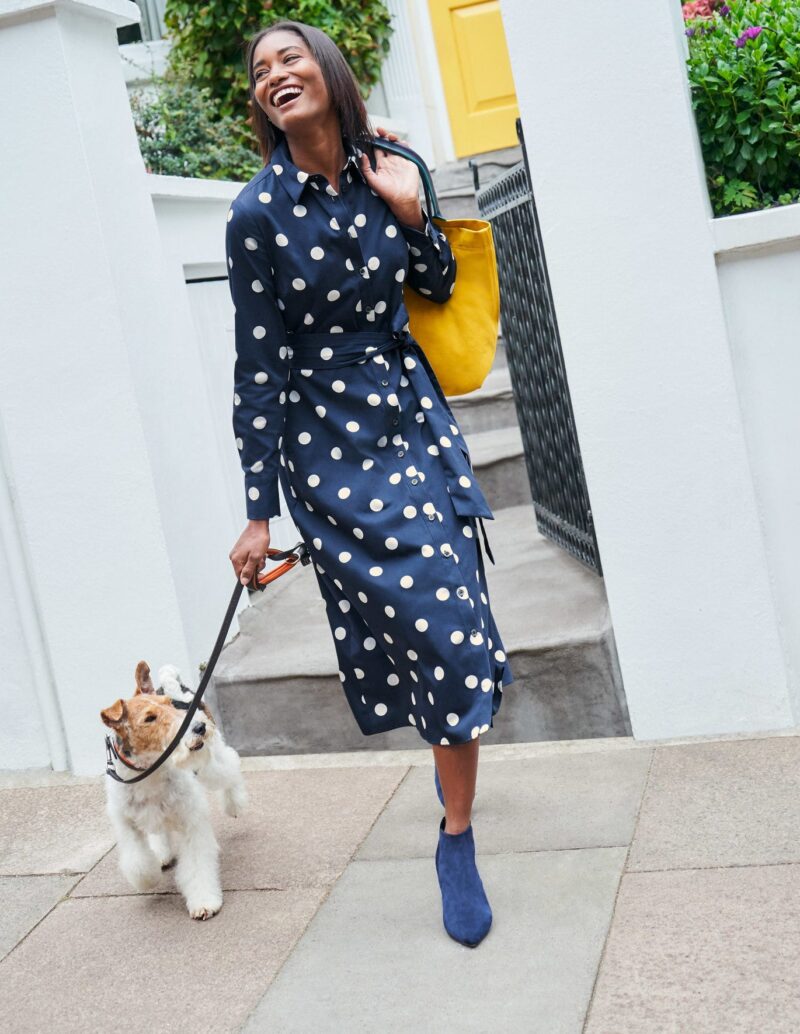 Rochie midi stil cămașă, cu buline, cu cordon și nasturi