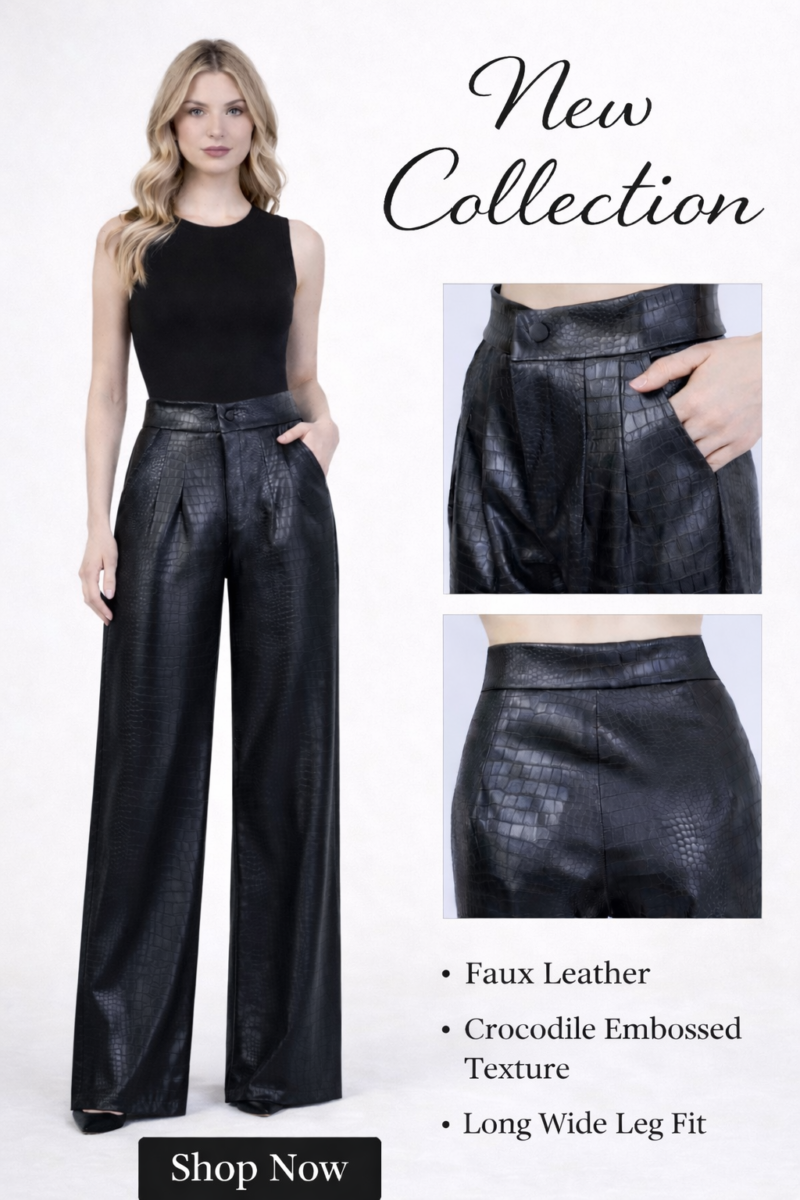 Pantaloni cu talie înaltă wide leg din piele eco