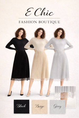 Rochie midi cu tricot și fusta din catifea cu dantelă