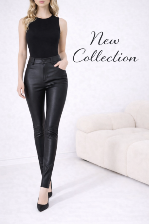 Pantaloni skinny din piele eco cu buzunare și fermoar